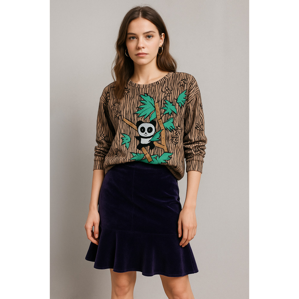 Vintage Spree Womens Panda Bear 3D Sweatshirt Size M Beaded Striped Zoo 80s